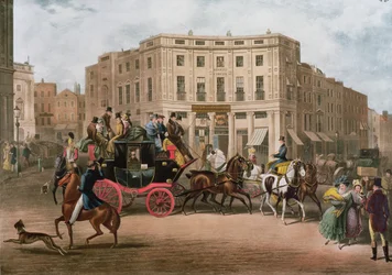 The Age, Brighton Coach am Bull and Mouth, Regent Circus, Piccadilly, graviert von G.V.C. Hunt, 1829